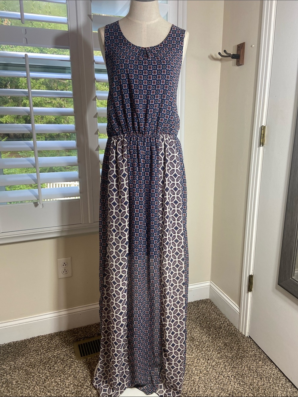 Poema Bohoemian Maxi Dress Size L Geometric/Mixed Mosaic Sleeveless Festival EUC